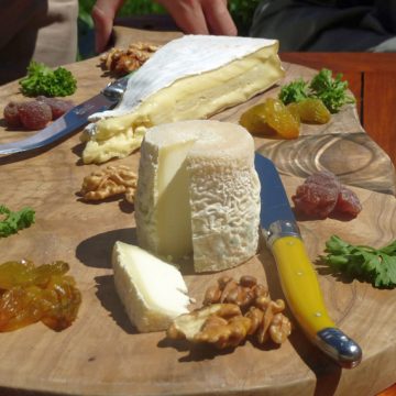 Soft cheese on wooden board with nuts and dried fruits