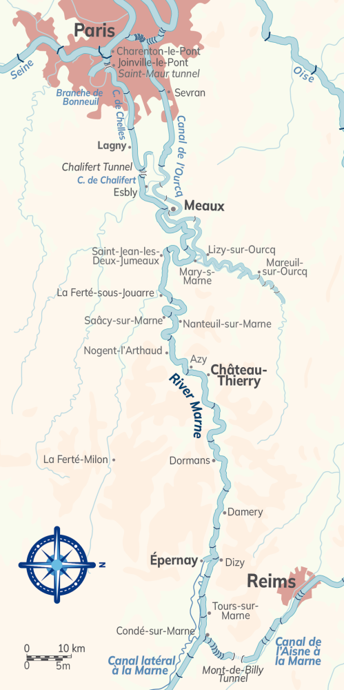 A map of the River Marne from Paris to Epernay
