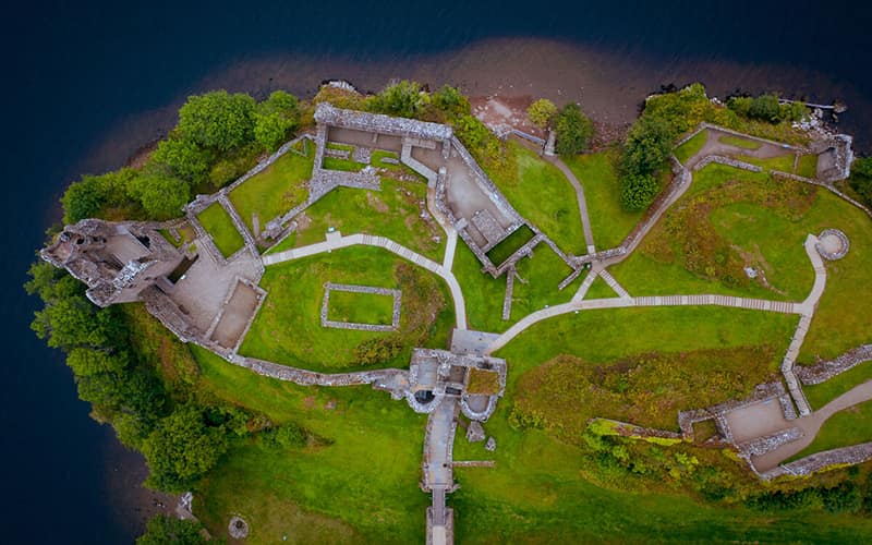 Aerial view of Urquhart Castle, Scotland