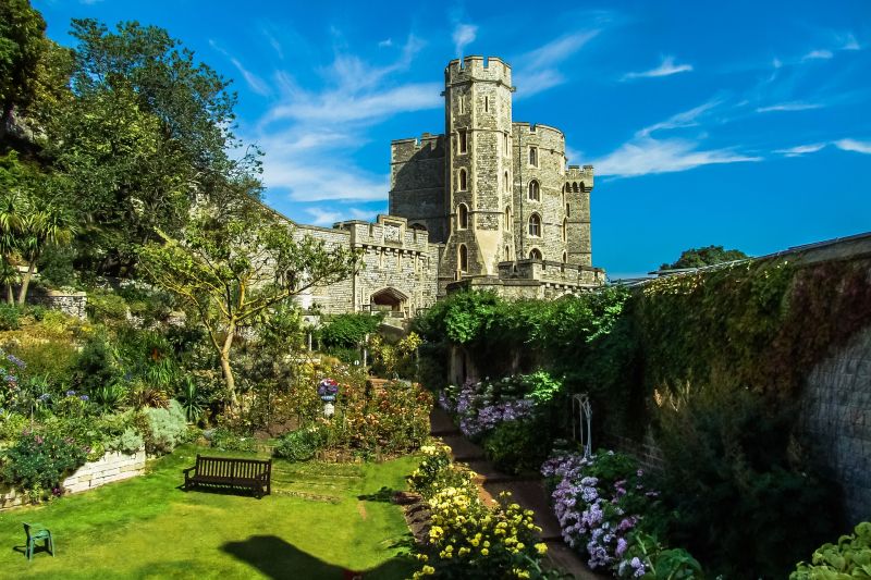 Windsor Castle round tower and moat garden