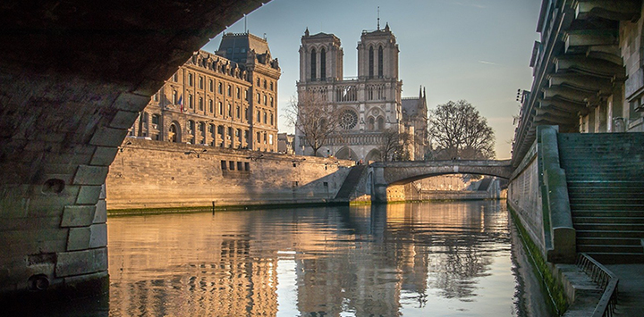 View of Notre-Dame de Paris from beneath a bridge along the River Seine