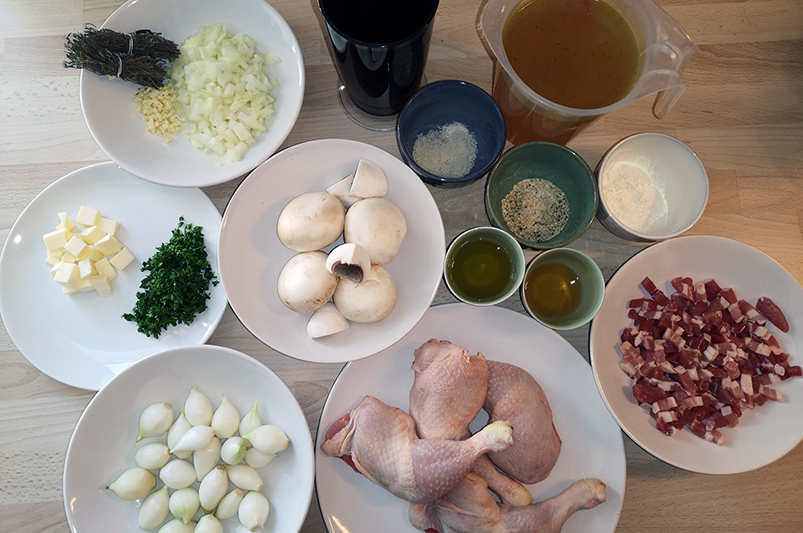 The basic ingredients for a traditional coq au vin recipe by Renaissance barge chef Hannah Dunleavy