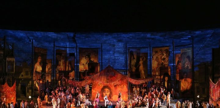 Cast of Carmen performing on stage at Arena di Verona
