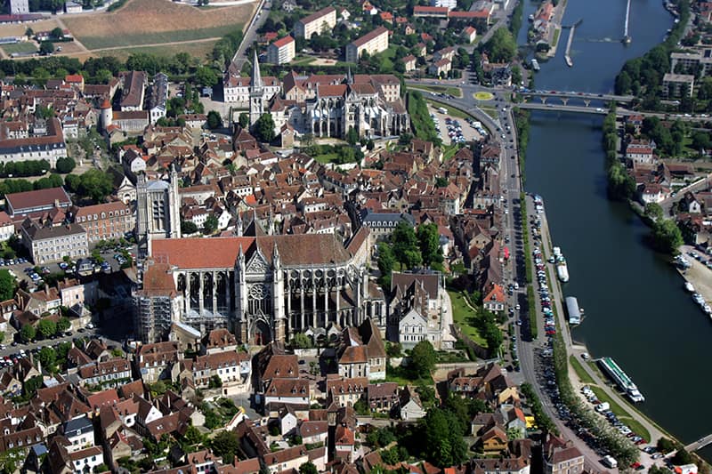 An aerial view of the city of Auxerre including Auxerre cathedral and the River Yonne