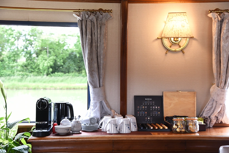 Tea and coffee station aboard La Belle Epoque
