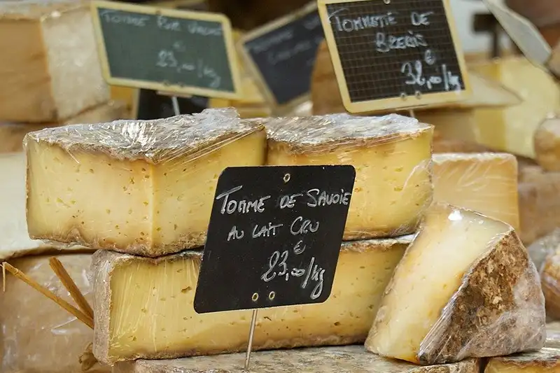 Selection of typical French cheeses on sale