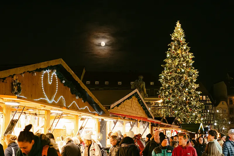 Christmas tree with moon and shop lights