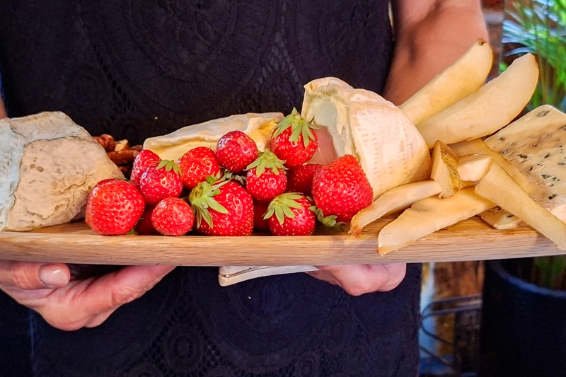Onboard hotel barge Rosa in Gascony France by Rose Palmer (1) cheese and strawberries